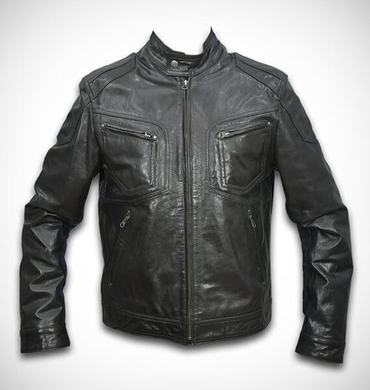 Men's dark brown distressed biker leather jacket front view