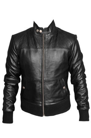Women's dark knight sheepskin leather jacket knit waist