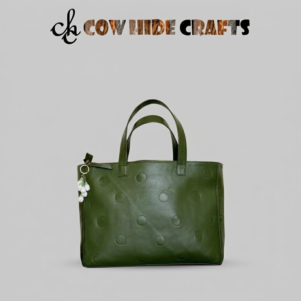 Debossed polka-dot leather work tote in olive green
