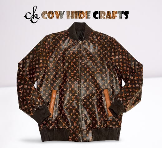 Designer brown sheepskin printed jacket with mustard pocket outlines