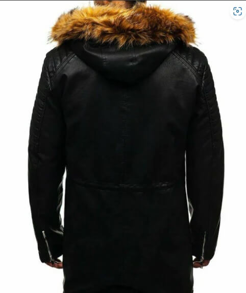 Detachable faux fur collar detail on black leather parka coat