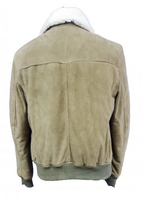 Detachable fur collar detail on beige suede leather jacket