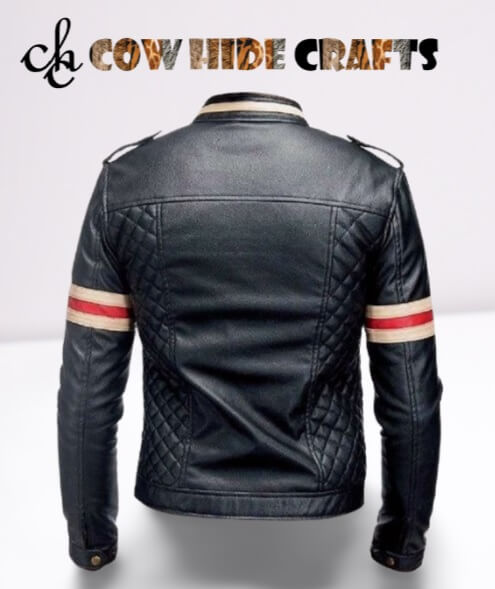 Diamond quilt back detail on cafe racer stripe leather jacket