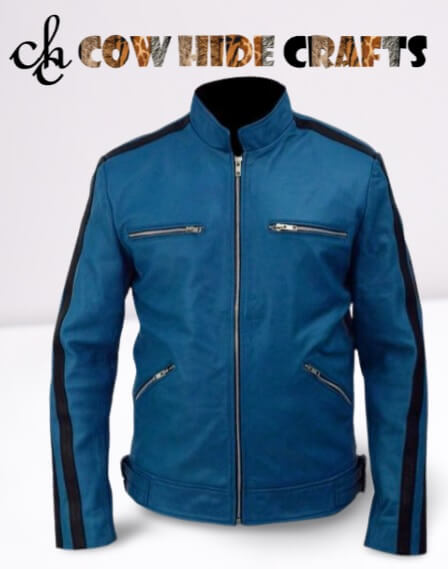 Dirk Gently inspired blue leather jacket silver zip