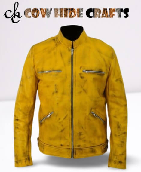 Dirk Gently inspired yellow sheepskin leather jacket front