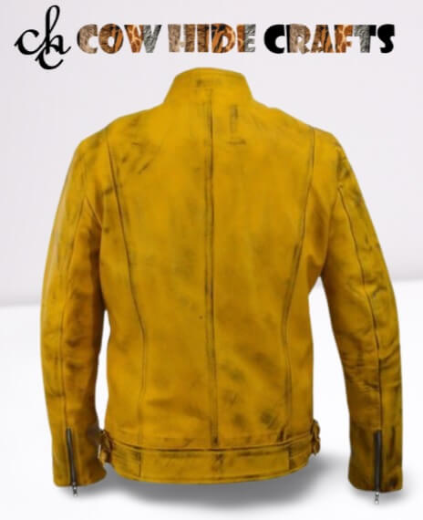 Dirty distressed texture detail on yellow Dirk Gently jacket