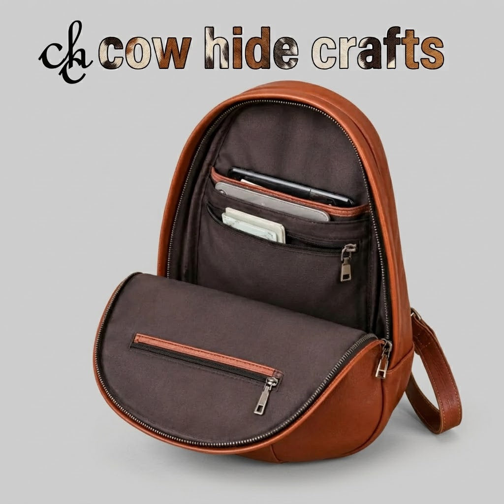 Multi-tiered interior organizer panel inside dome leather backpack