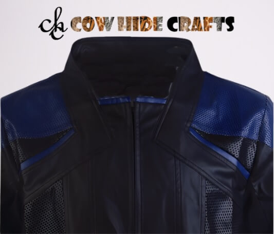 Dotted texture front detail on Picard inspired sheepskin jacket