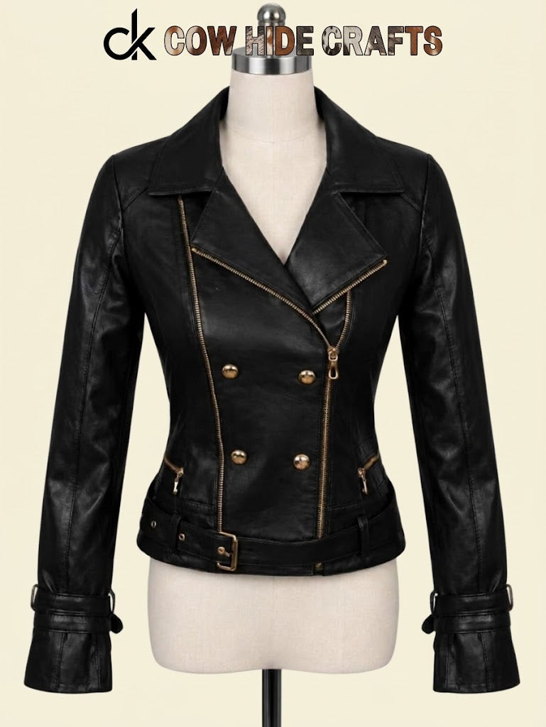 Double-breasted asymmetrical leather biker jacket front view
