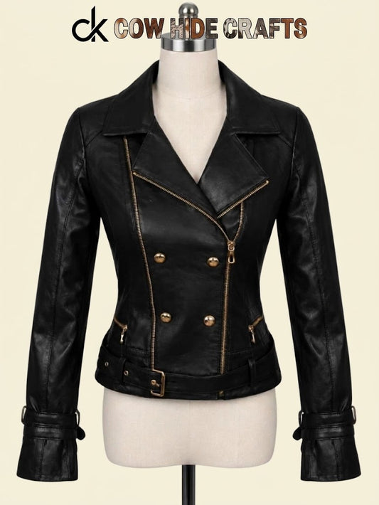 Double-breasted asymmetrical leather biker jacket front view