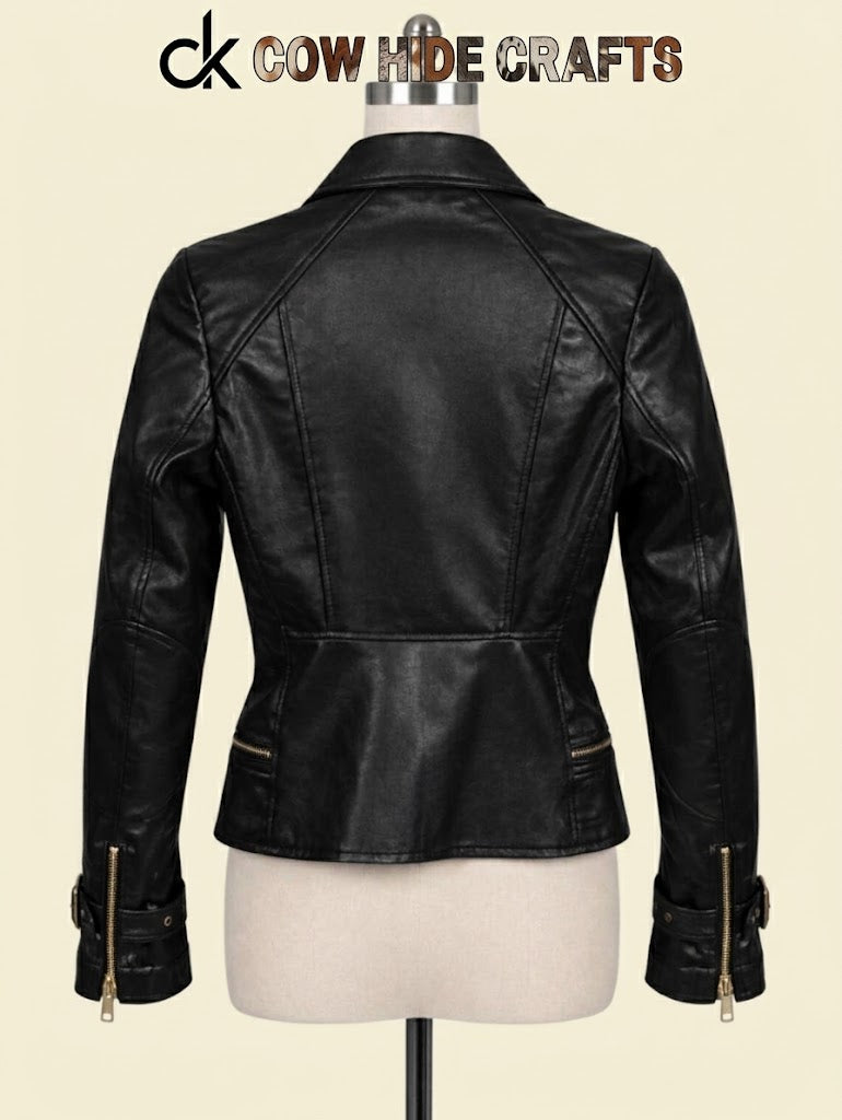 Peplum-style flared back hem detail on leather biker jacket
