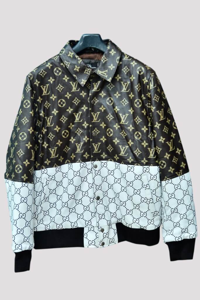 Double printed leather jacket in brown and white 50/50 design