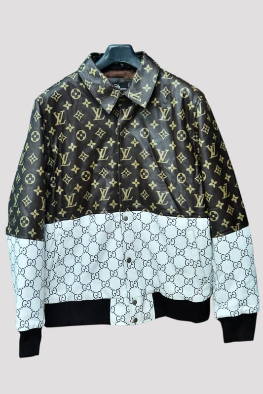Double printed leather jacket in brown and white 50/50 design