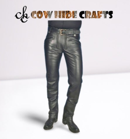 Men's double zipper black leather pant slim fit clubwear trouser – front view
