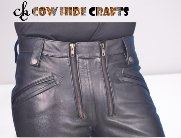 Close-up of double zipper front closure on men's black slim fit leather clubwear pant