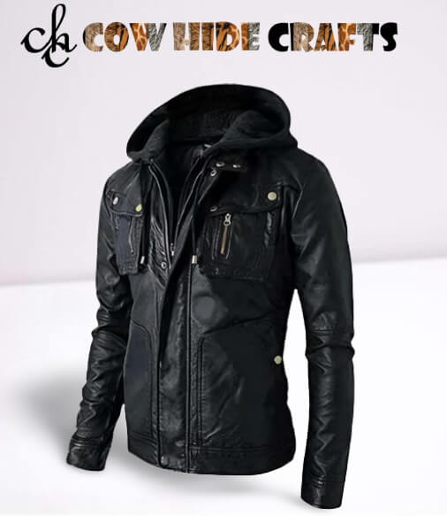 Drawstring hood detail on men's slim fit leather jacket