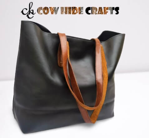 Brown dual handles black leather handbag