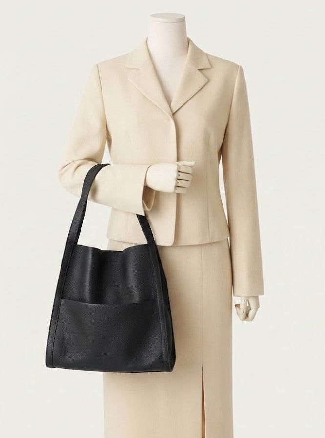 Dual-compartment leather shopper tote bag in black