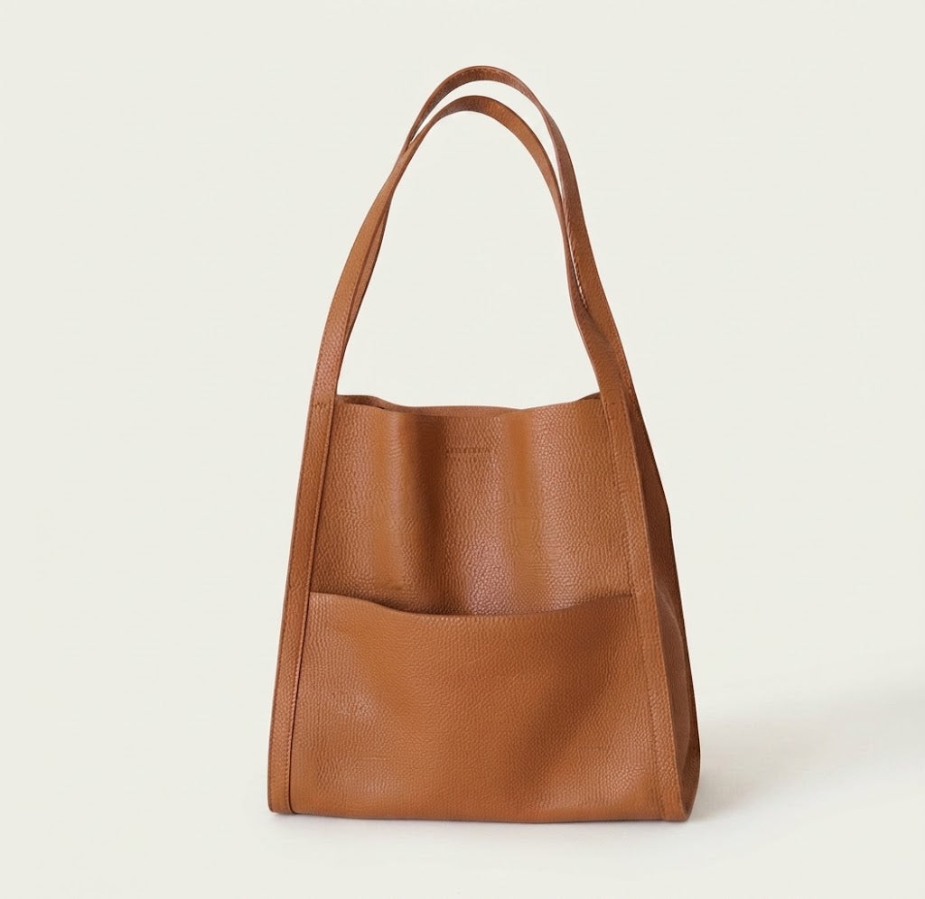 Dual-compartment leather shopper tote bag in caramel cognac