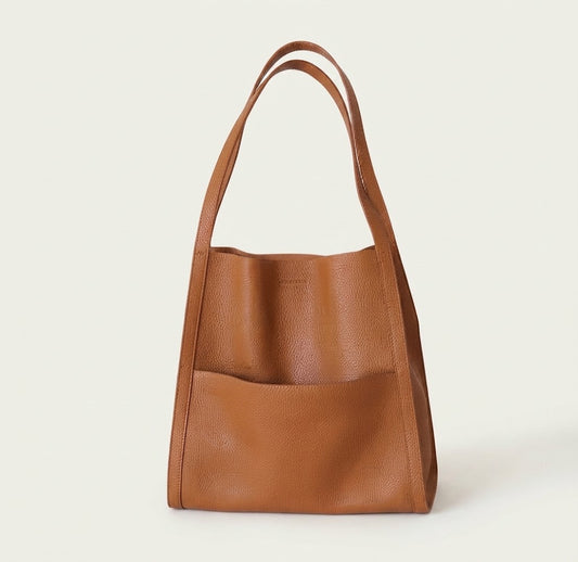 Dual-compartment leather shopper tote bag in caramel cognac