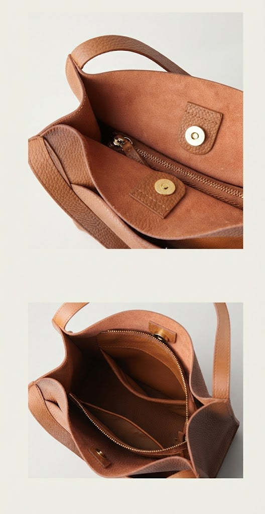 Magnetic snap tab detail on dual-compartment tote bag