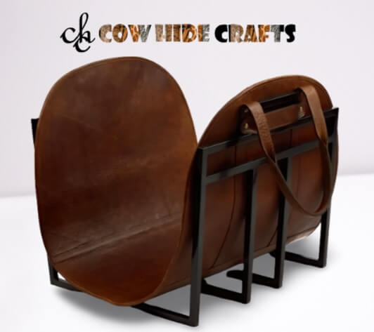Dual leather handles on brown leather firewood carrier