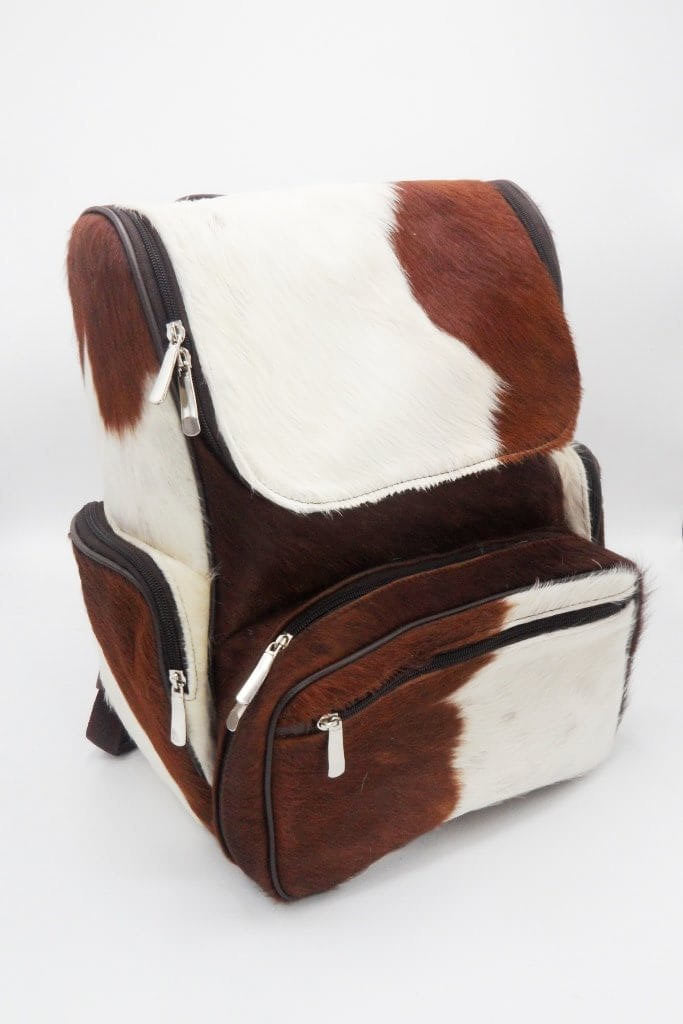 Durable cowhide backpack brown white hair on