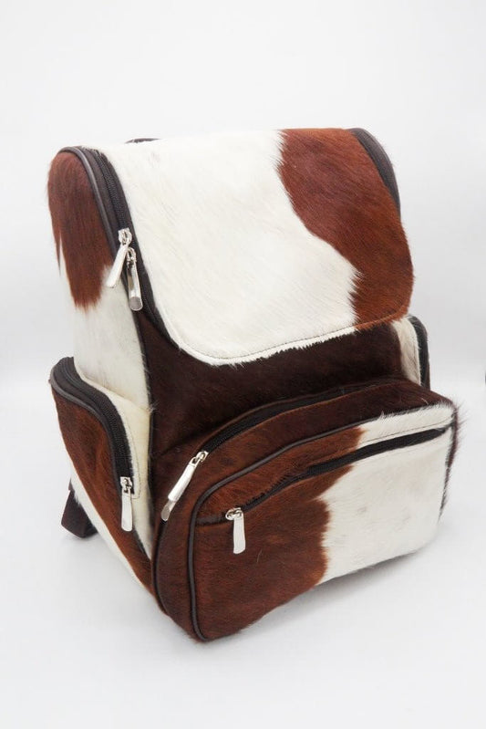 Durable cowhide backpack brown white hair on