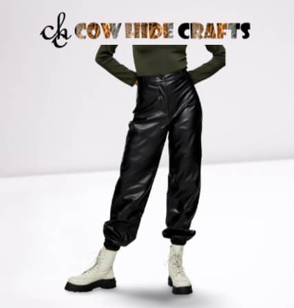 Relaxed leather pants with elastic cuffs tapered hem women