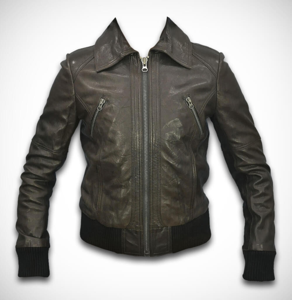 Elastic knit waist and cuffs detail on women's leather jacket