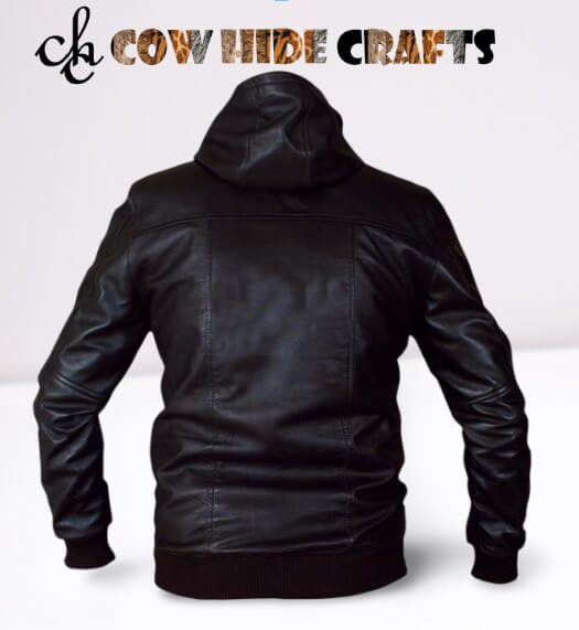 Elastic waist and cuffs detail on leather bomber jacket