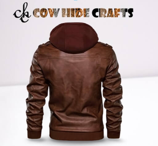 Elastic waist and cuffs on men's brown hooded leather jacket