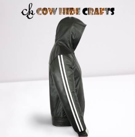 Elastic waist and cuffs on black leather hooded jacket