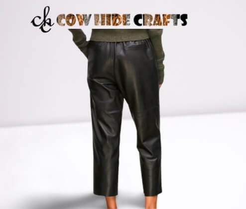 Elastic waistband detail on soft sheepskin leather trousers
