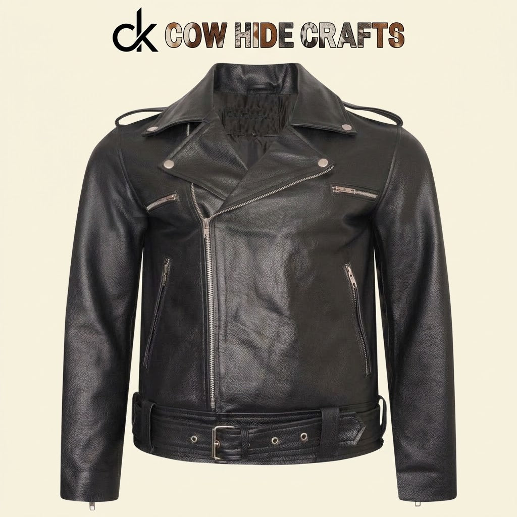 Military-style epaulet shoulder detail on leather biker jacket