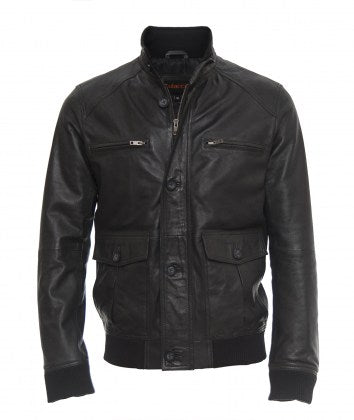 Erected collar and button closure on black leather bomber jacket