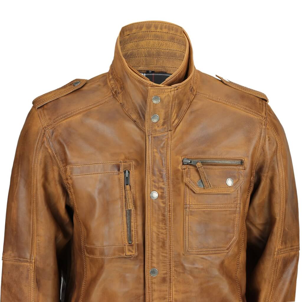 Erected collar with button on tan waxed leather jacket