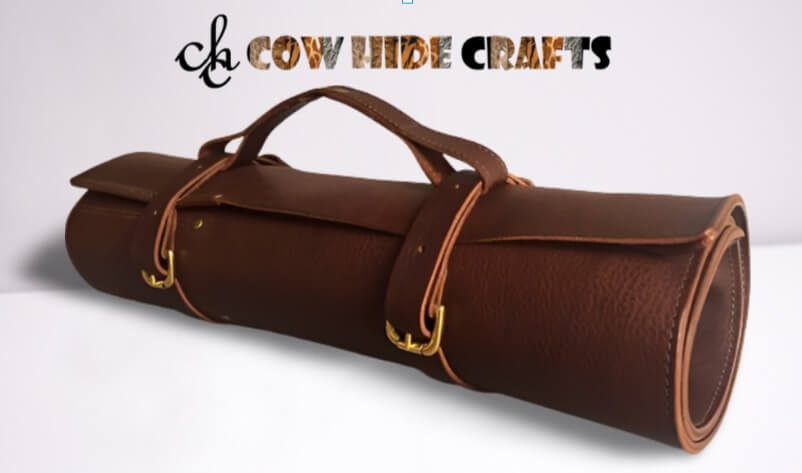 Expandable leather knife roll tan brown foldable