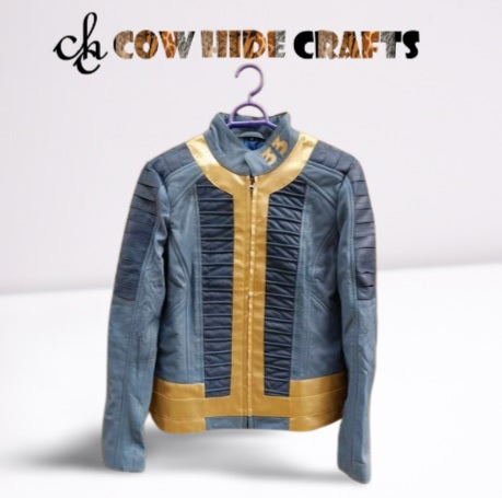 Fallout vault suit inspired blue yellow leather jacket front view