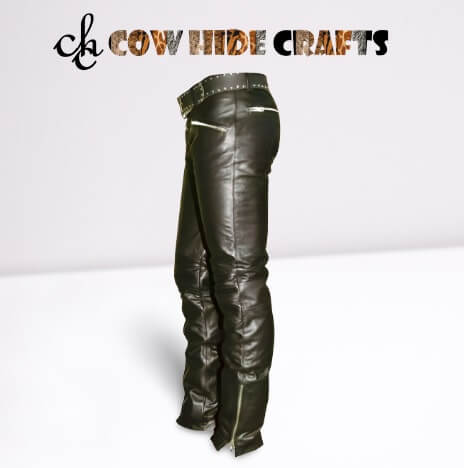 Side view of men's black genuine leather slim fit fancy style trouser with zipper pockets
