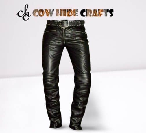 Men's fancy style black leather skin fit sheepskin clubwear trouser