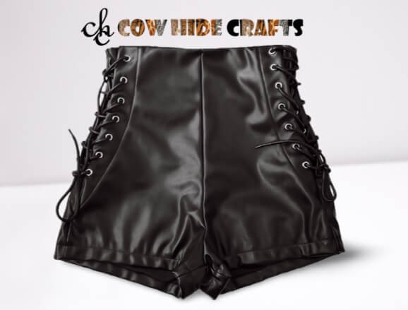 Fantasy theme high waist black leather shorts 