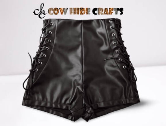 Fantasy theme high waist black leather shorts 