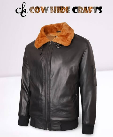 Faux fur and belted collar detail on black wayfarer jacket