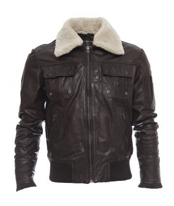 Faux fur collar on men's brown sheepskin winter leather jacket