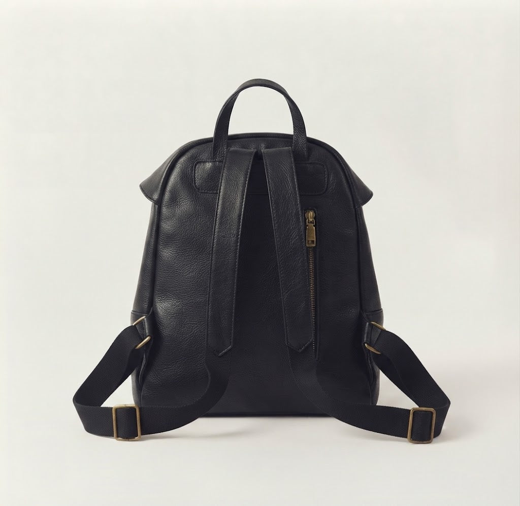 Back panel zip pocket detail on vintage leather flap backpack