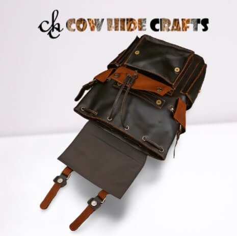 Flap and drawstring closure on Crazy Horse leather backpack