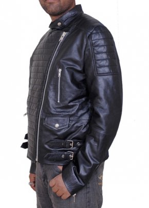 Flap and zipper pocket detail on British quilted biker jacket