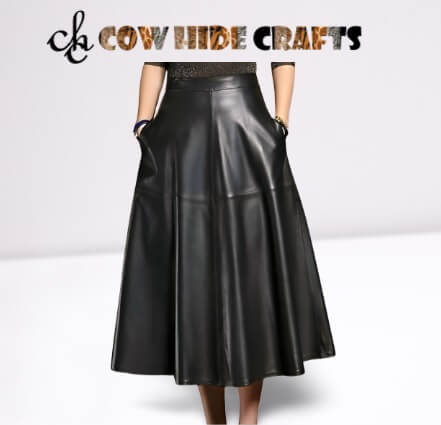 Flared black leather A-line skirt with flowing hem midi style