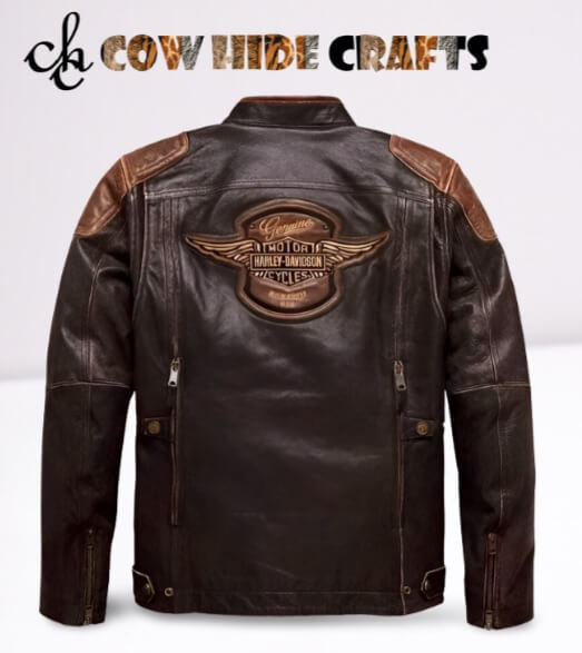Front and back prints on brown Harley inspired bomber jacket